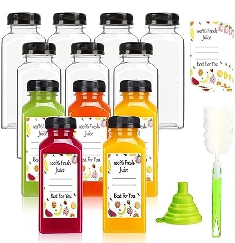 Leaflai 8oz Plastic Juice Bottles with Black Tamper-Proof Caps - 12 Pack
