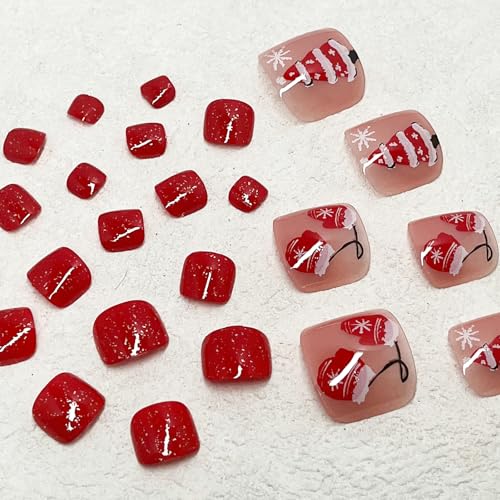 Christmas Press-On Short Square Toenails with Snowflake Design - 24Pcs