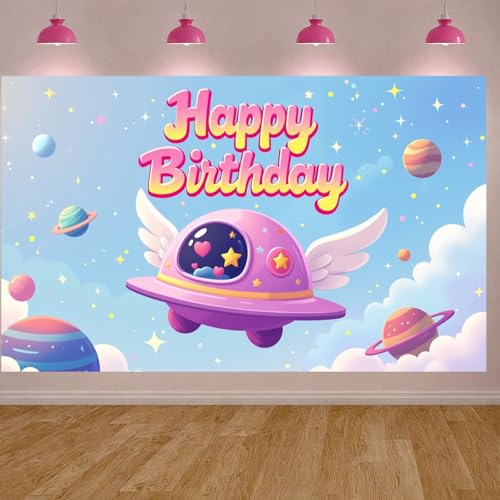 Pink Space Birthday Backdrop Galaxy Planet Rocket Party Banner 35x70