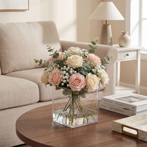 Wowang 4x4 Inch Clear Square Acrylic Vases - 2 Pack Modern Cube Flower Vase