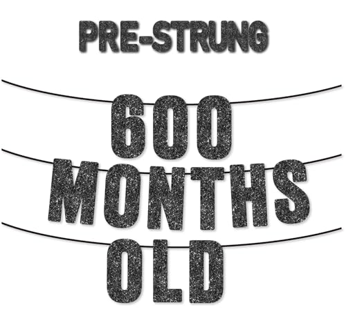 50th Birthday Party Black Glitter Banner - 600 Months Old