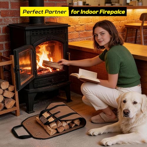 FLASLD Heavy Duty Waxed Canvas Firewood Carrier - Large Log Tote (Brown)