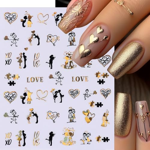 Valentine Heart Nail Art Stickers - 6 Sheets Black Gold 3D Decals