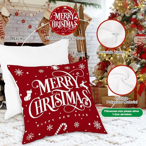 Christmas Pillow Covers Set of 4 - 24x24 Red Holiday Cushion Covers - Festive Decor