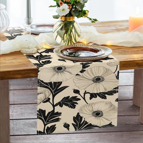 Vintage Black White Poppy Flower Table Runner - 13x72 Inches