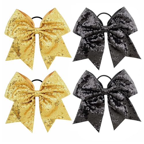 Glitter Gold Cheer Bows 4PCS Large Sequin Hair Ties Ponytail Holder