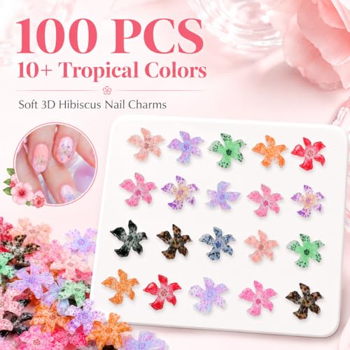 BIDEX 100 Pcs 3D Hawaii Flower Nail Charms Resin Floral Art Accessories