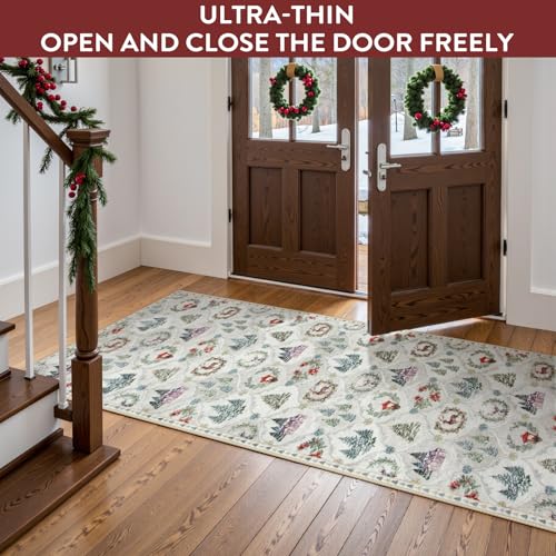 Lahome Christmas Runner Rug 2x8 White/Multi Washable Hallway Rug