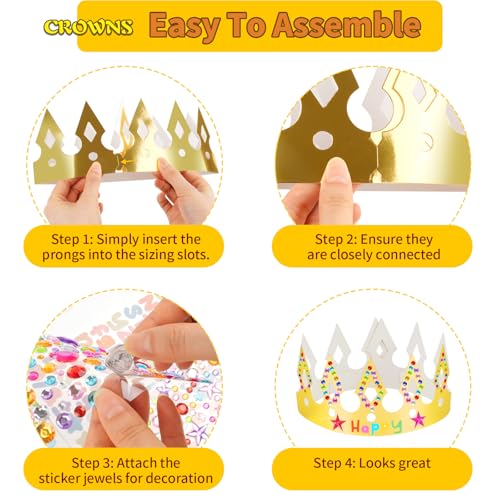 Gold Paper Crowns - 15 Pcs DIY Birthday Party Hats with Gem Stickers