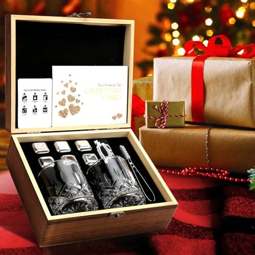 Whiskey Stones and Glass Set with Stainless Steel Cubes & 2 Whiskey Glasses - Bourbon Gift for Men