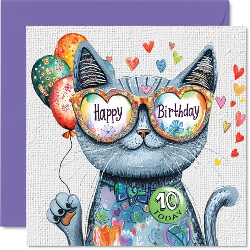 10th Birthday Card for Girls - Cute Cat Design with Balloons