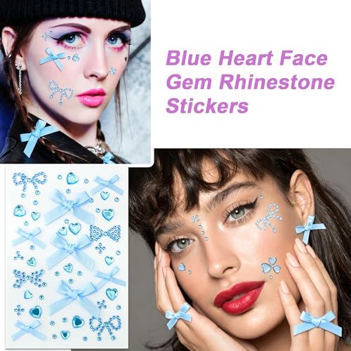 SmallCat Blue Self-Adhesive Face Gems & Bow Rhinestone Stickers for Hair