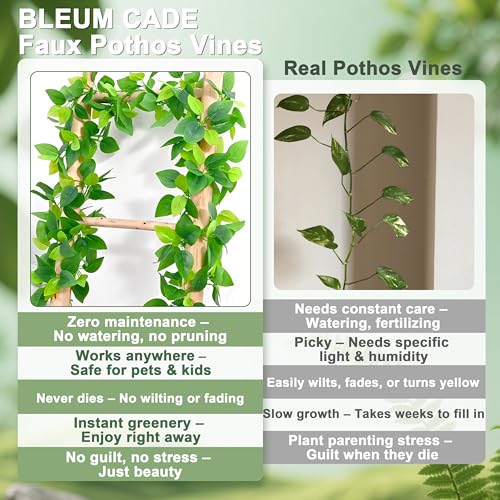 BLEUM CADE 2-Pack Artificial Pothos Ivy Vines, 15ft Fake Green Garland for Home & Garden