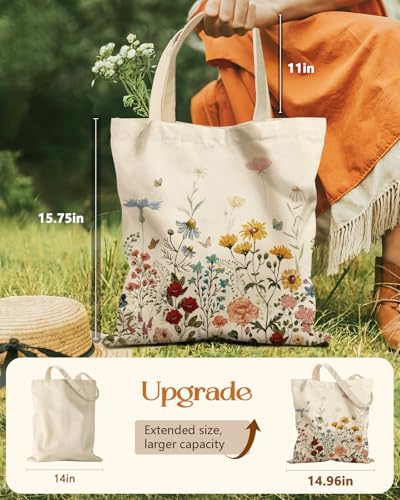 Miss Adola Retro Flower Canvas Tote Bag with Zipper Pocket