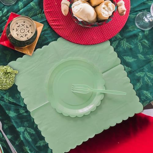 7-Inch Sage Green Scalloped Paper Plates and Napkin Set for 25 Guests