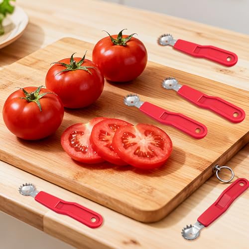 5-Piece Tomato and Strawberry Corer Tool, Red Stainless Steel Stem Remover