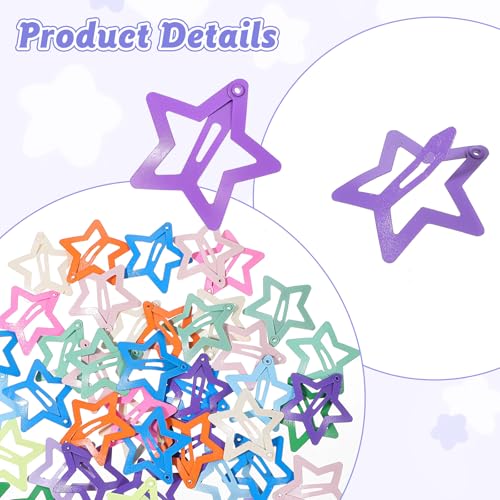 LIQWEI 50 Pcs Star Hair Clips - Colorful Metal Non-Slip Snap Barrettes for Women and Girls