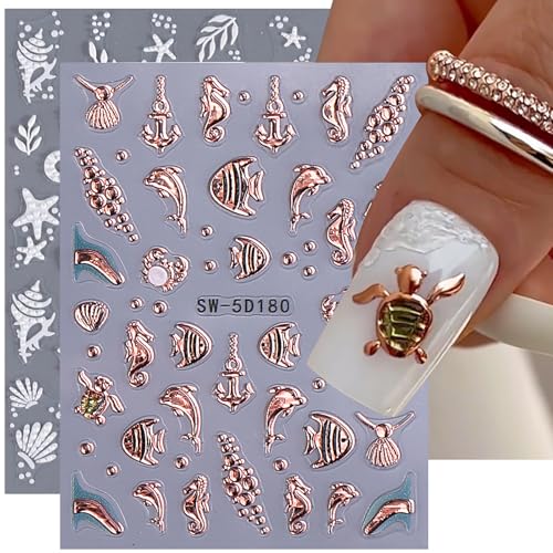 MOLILON 5D Embossed Ocean Nail Stickers Starfish Seashell Decals