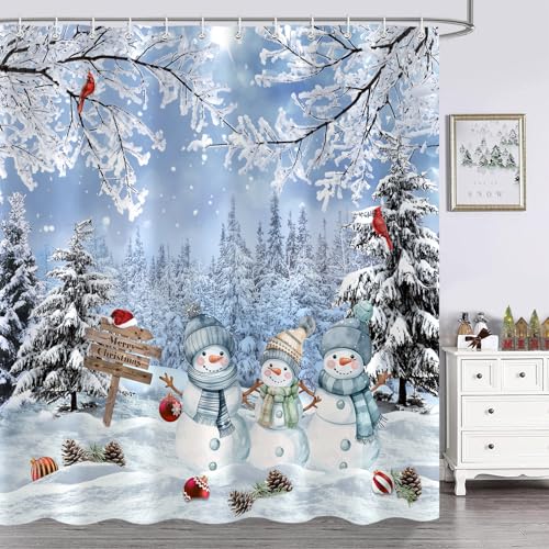 Blue Christmas Snowman Shower Curtain - Winter Holiday Bathroom Decor, 72x72 Inches