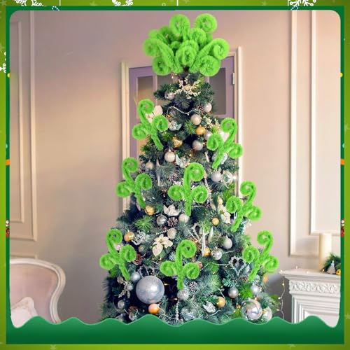 30 Pcs Christmas Tree Topper Picks - 12 Inch Green Furry Spiral Decorations - Festive Holiday Decor