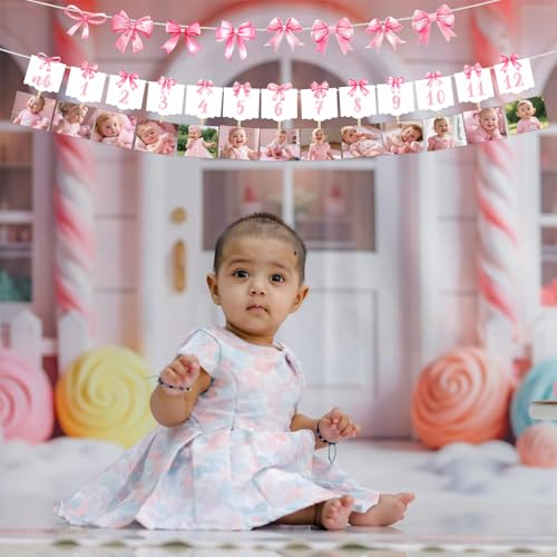 Pre-Strung Pink Bow 1st Birthday Photo Banner with Clips