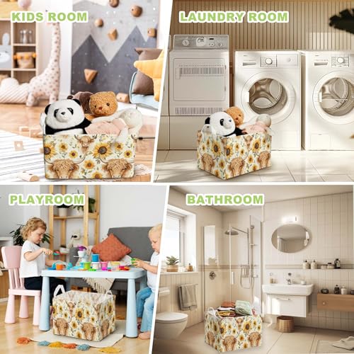 Sunflower Highland Cow Storage Basket - Large Canvas Laundry Hamper