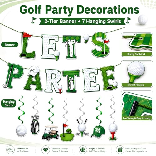 Golf Birthday Decorations Set - Par-Tee Banner & 7 Hanging Swirls