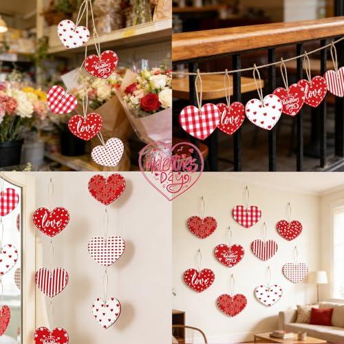 16Pcs Wooden Valentine Heart Ornaments Red White Plaid Hanging Decor