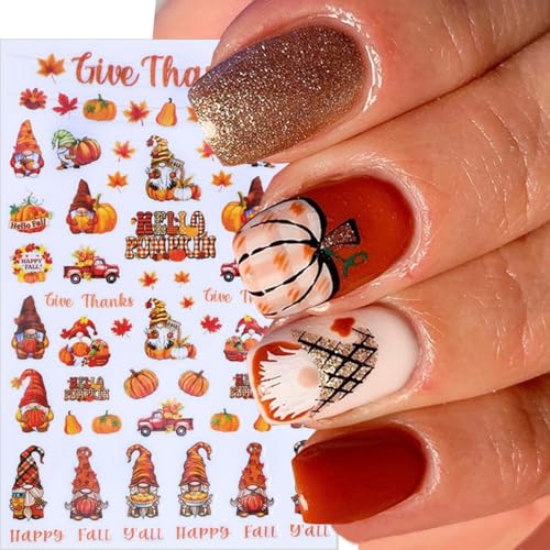 5D Embossed Thanksgiving Turkey Nail Stickers - 6 Sheets Fall Autumn Leaf Pumpkin Nail Decals Self-Adhesive Art Designs