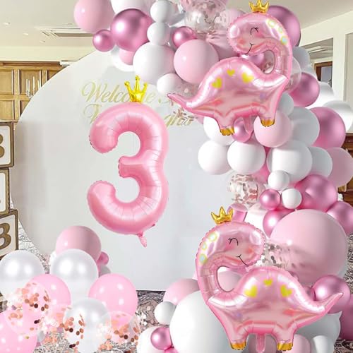 Pink Dinosaur Balloons Kit with 40-Inch Number 3 for Birthday