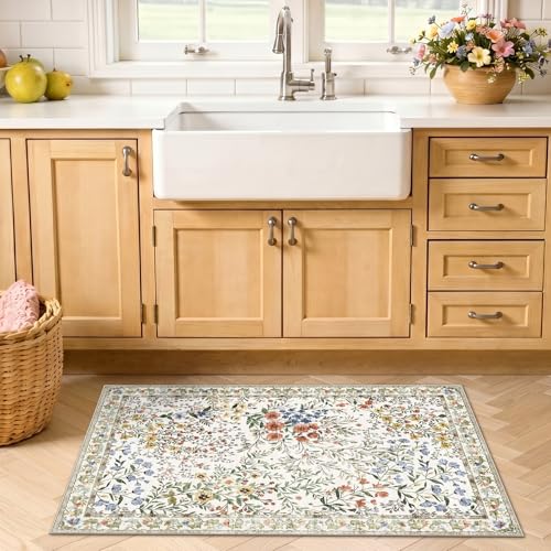 Beige Vintage Floral 2x3 Washable Area Rug - Non-Slip Soft Carpet