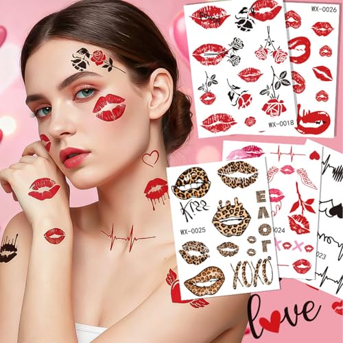 HIFANMM 12 Sheets Valentine's Day Temporary Tattoos Heart and Lip Designs