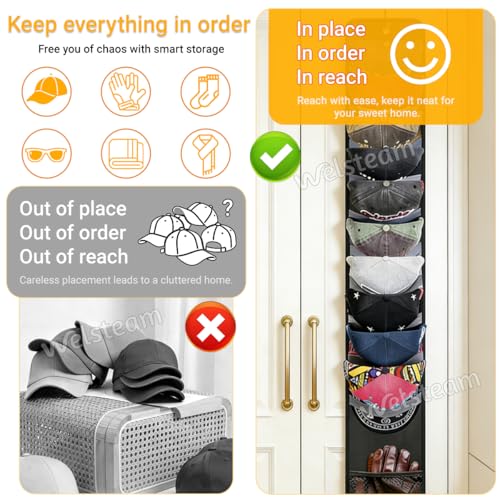 Welsteam Hat Organizer Rack for Baseball Caps, Over-the-Door Holder - Black 1 Row