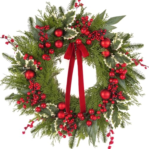 24 Inch Christmas Wreath with Artificial Eucalyptus & Red Bow for Front Door Holiday Decor - Variation of This Listing