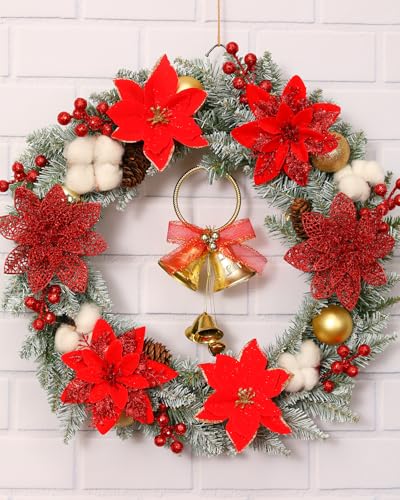 Artificial Christmas Poinsettia Flowers Set - 30 Pcs, Red, 3 Styles with Holly Berry Stems and Clips