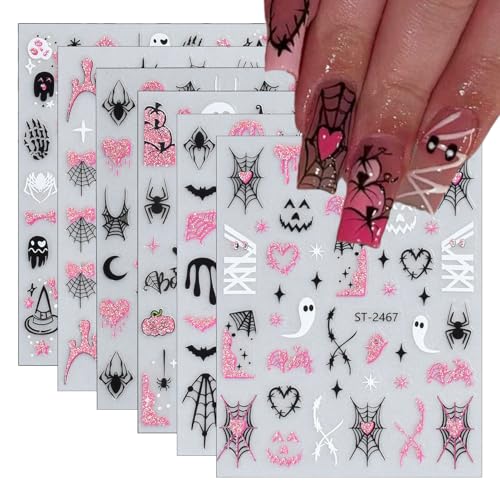 NSSHEL 6 Sheets Halloween Nail Stickers Spider Web Ghost Skull 3D Self-Adhesive