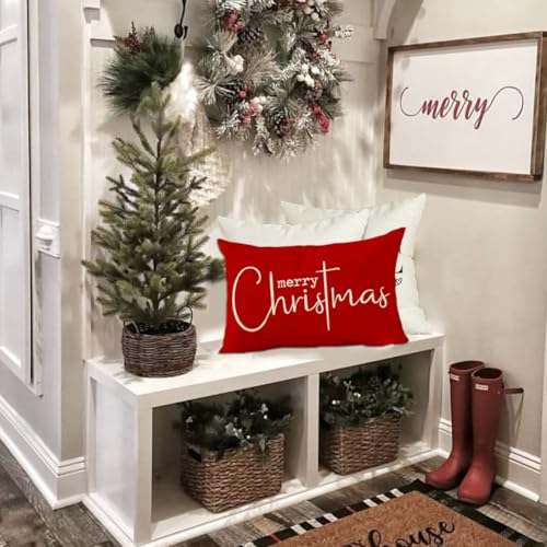 Merry Christmas Pillow Cover 12x20 - Red Outdoor Lumbar Cushion
