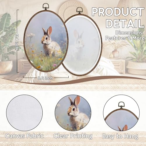Easter Bunny Oval Wall Art Decor - Rustic Spring Rabbit Canvas 8.6x11.4