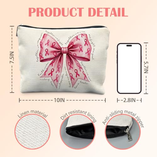 Breast Cancer Awareness Pink Ribbon Makeup Bag Linen Cosmetic Pouch