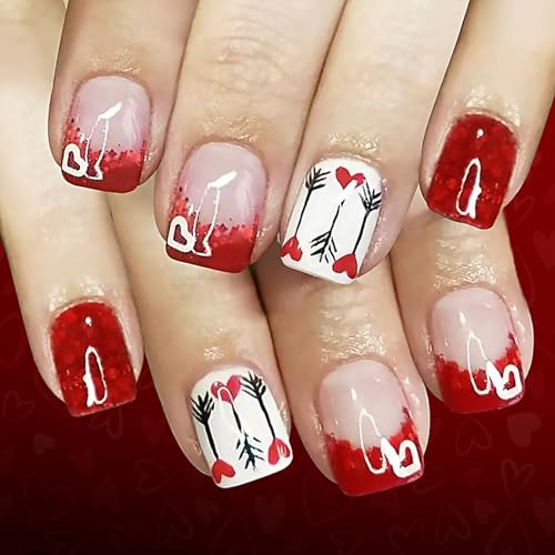 Valentine Press On Nails Short Square Red Glitter French Tip Heart False Nails