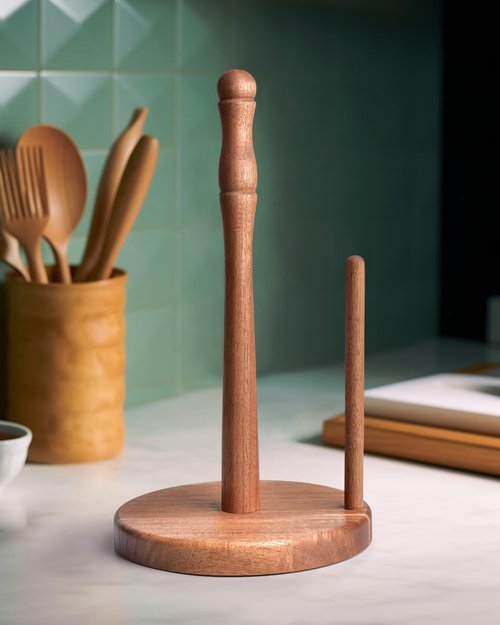 CHAUNCEY HOME Farmhouse Acacia Wood Paper Towel Holder, Weighted Base for Kitchen & Bathroom, One-Handed Operation, EPTHA, Standing Towel Roll Organizer, for Standard & Large Rolls, Large