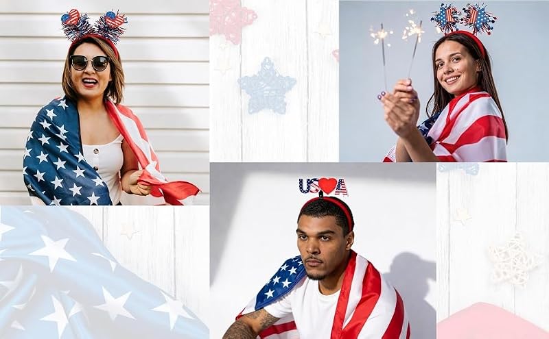 Delfd 4th of July Patriotic Star Headband with Red White Blue Tinsel