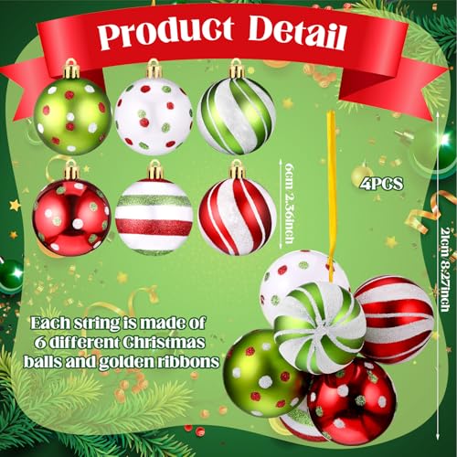 Christmas Ball Ornaments Set - Red White Green Cute & Shatterproof, 24 Pcs with Clusters & Ribbons