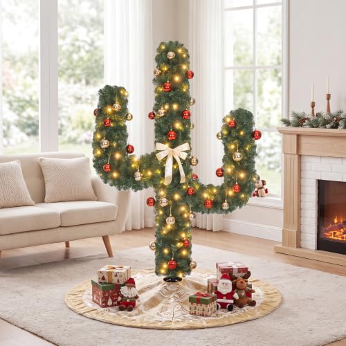 5ft Pre-Lit Artificial Cactus Christmas Tree with 90 Lights - Indoor Outdoor Holiday Decor