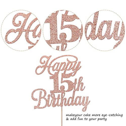 Rose Gold Glitter 15th Birthday Cake Topper - 15 & Fabulous Party Decoration