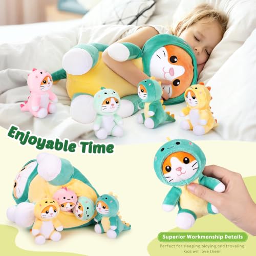 Dinosaur Cat Plush Family Set - Large Mommy & 4 Baby Kittens Kawaii Pillow - Kids & Adults Gift