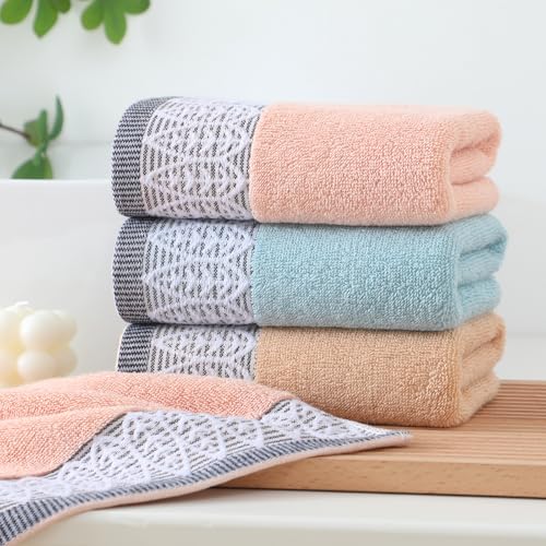 Leaf Print Hand Towels 3 Pack - Blue Beige Pink Cotton Soft