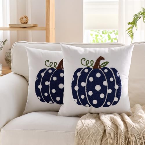 Set of 2 Blue Pumpkin Fall Pillow Covers 16x16 for Autumn Decor