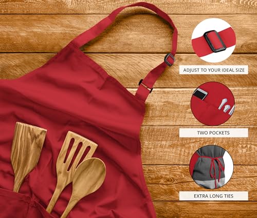 Utopia Kitchen Red Bib Aprons 2 Pack Adjustable with 2 Pockets - 100% Polyester