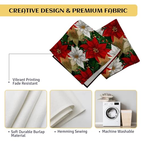 Christmas Poinsettia Table Runner 13x48 Inch Burlap Holiday Decor for Home & Kitchen